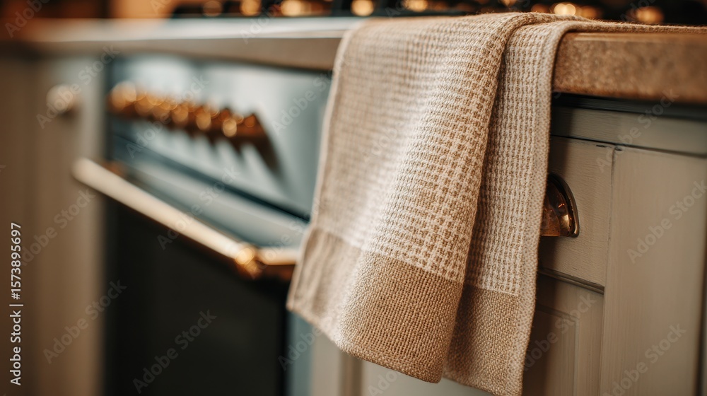 Poster a close-up view of an oven with a towel draped over it, showcasing a stylish kitchen setting with so