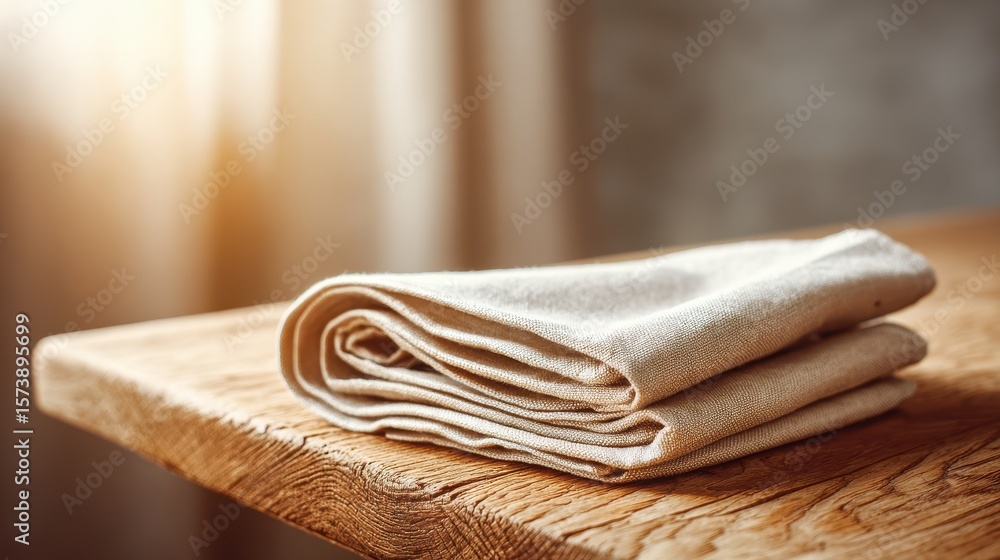 Poster a neatly folded linen cloth rests on a wooden table, illuminated by soft natural light, creating a w