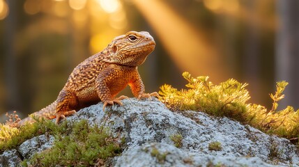 A  lizard perched atop a mossy rock, bathed in golden sunlight.