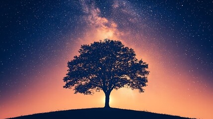 Silhouette of a solitary tree under a starlit sky at dawn or dusk.