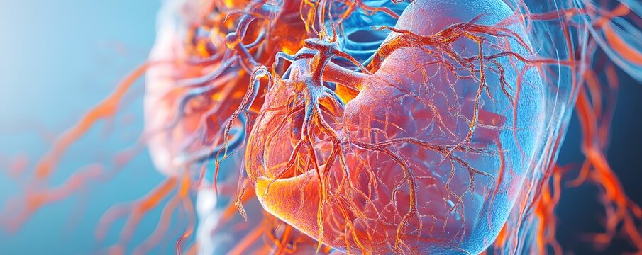 High-detail 3D rendering of male torso anatomy showing lungs, bronchial tree, and circulatory connections, affected by interstitial lung disease