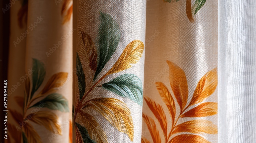 Poster a close-up of patterned curtains featuring leaves in soft colors, creating a warm and inviting atmos