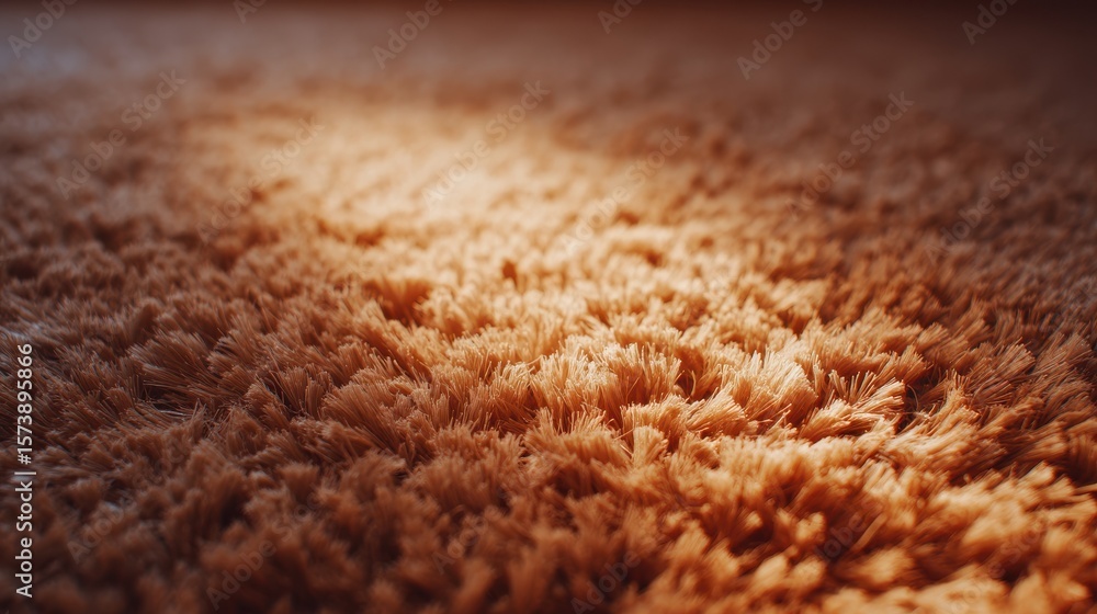 Poster a close-up view of a textured, soft carpet surface reflecting warm light, creating a cozy and inviti