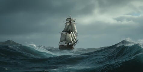 Obraz premium Historic Tall Ship Battling Stormy Seas