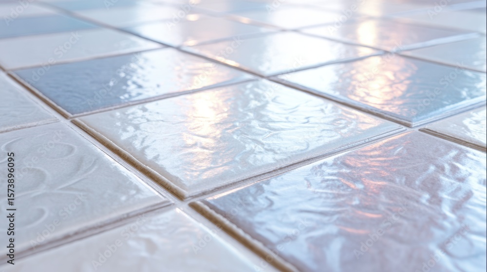 Aufkleber glossy, patterned tiles arranged in a geometric layout, reflecting light, creating a modern and styl