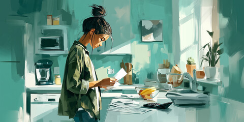 A young woman reviews her grocery receipt in a sunny modern kitchen
