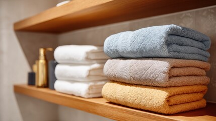 Neatly stacked towels and toiletries on a wooden shelf create a clean, organized bathroom aesthetic.