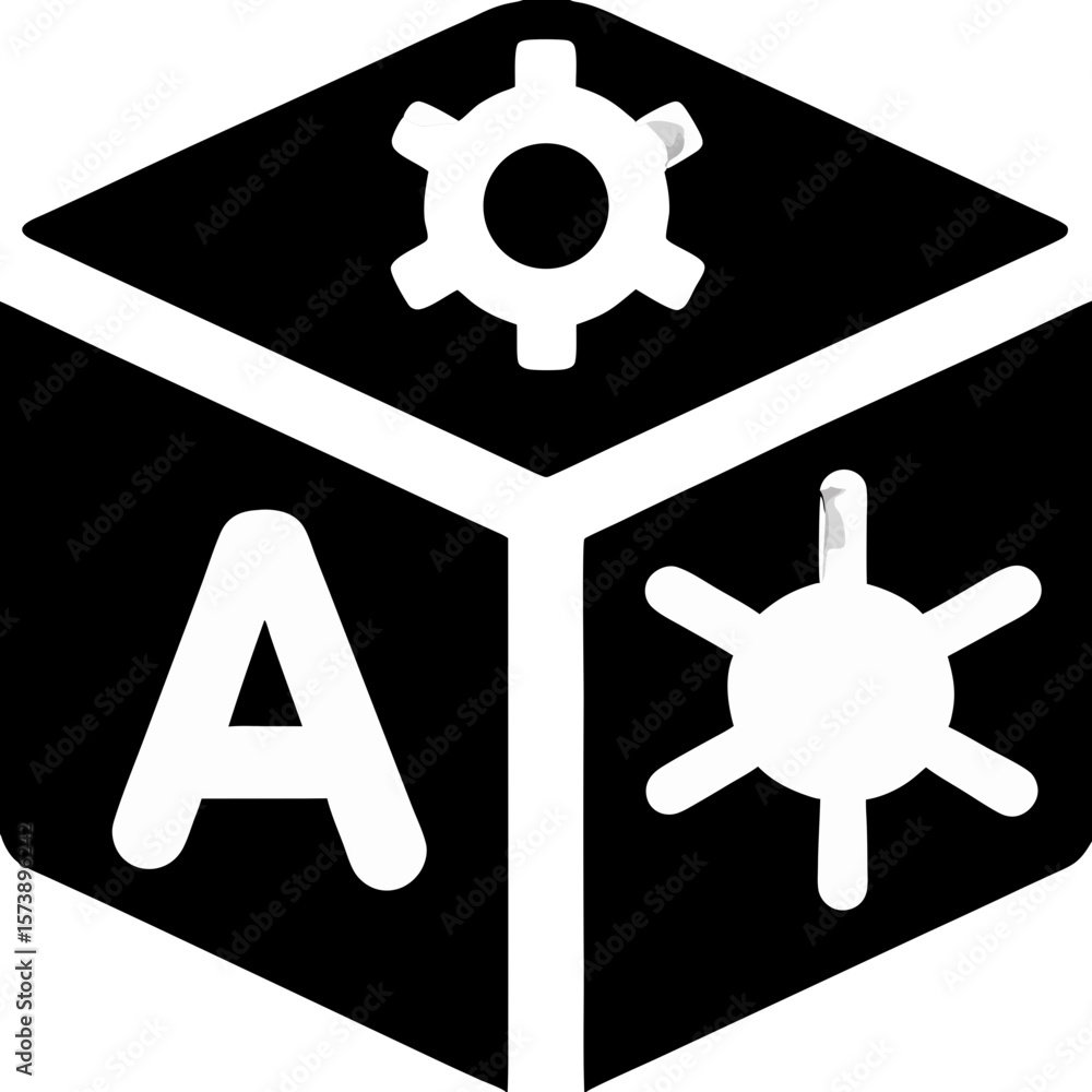 Aufkleber a black and white cube with symbols representing technology and concepts.