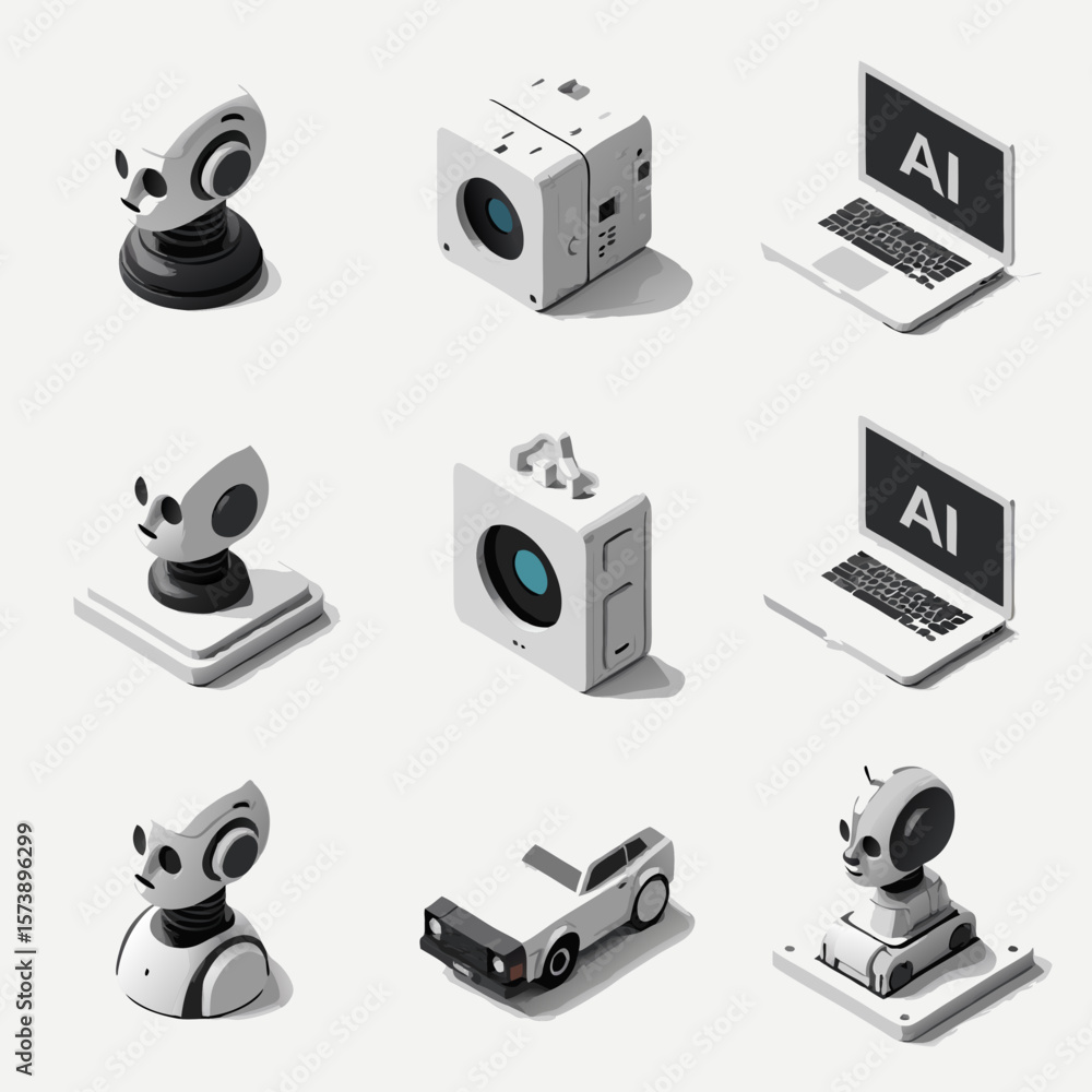 Aufkleber isometric view of various ai-related objects, including robots, cameras, laptops displaying 