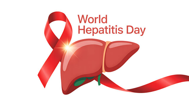 Photo of world hepatitis day with red ribbon and liver isolated on transparent background