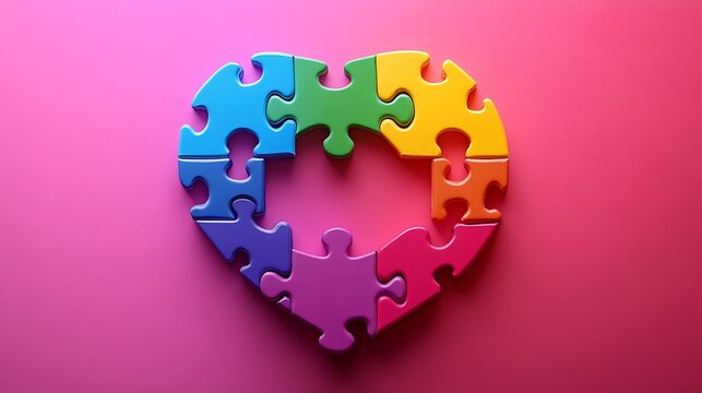 Colorful puzzle pieces forming a heart shape.