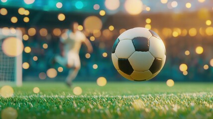 Soccer ball rolling over grass, soccer powerfully during nighttime struck match under bright stadium illumination