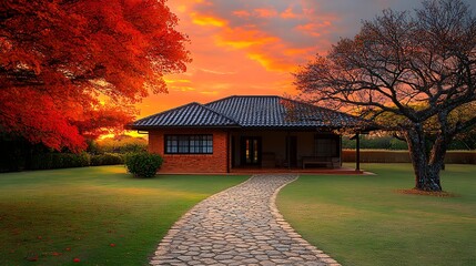 A serene home at sunset with vibrant foliage.