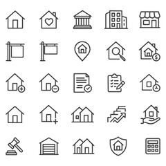 Fototapeta premium Real Estate Line Icons Pack – Minimalist Property, Home, Apartment, Mortgage, Sale & Rent Symbols