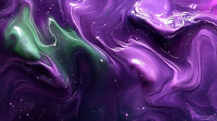 Abstract painting with swirling colors of purple, green, and iridescent accents.