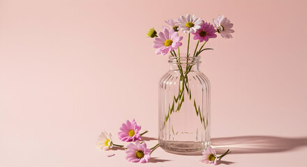 Obraz premium Delicate Pink and White Daisy Bouquet in Glass Vase Minimalist Pastel Floral Still Life Photography