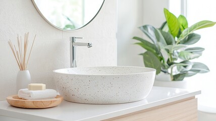 Minimalist bathroom featuring terrazzo tiles, sleek vanity with vessel sink, green floating accents creating botanical contemporary design