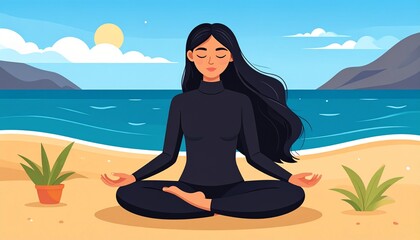girl meditating on the beach