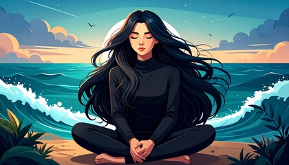 girl meditating on the beach
