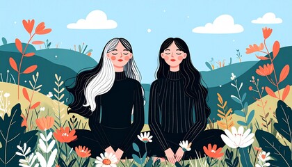 two girls on yoga meditation in the forest