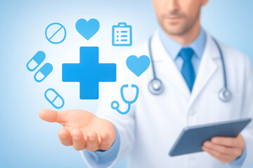 A doctor presenting health symbols and icons, representing care and medical services in a professional setting.