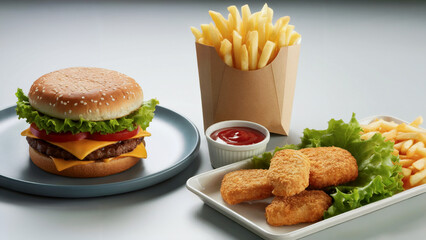 Fast Food Feast: Burger, Fries, Nuggets, and Ketchup