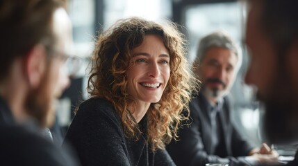 Obraz premium Smiling woman with curly hair engaged in a positive and collaborative conversation with colleagues during a business meeting in a modern office, highlighting teamwork, communication