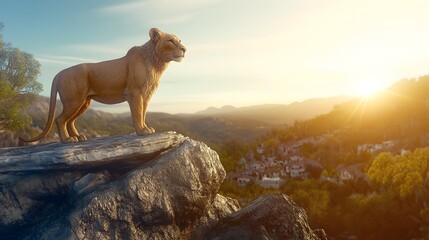 Fototapeta premium Majestic lioness surveys vast kingdom from rocky outcrop at sunrise