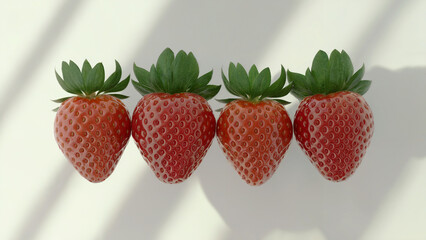 Four Ripe Strawberries with Natural Shadows on White