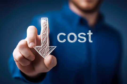 A person pointing at the word 'cost' with an arrow indicating a decrease in expenses.