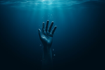 A hand emerges from the dark blue depths of the water, reaching upwards for help