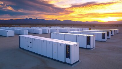 Large outdoor array of white battery storage units under a colorful sunset sky in a desert landscape.
