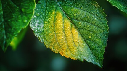 Close-up of Fresh Green Leaf with Water Drops and Gradient Tones