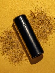 Black Thermos Bottle on Golden Background with Coffee Grounds