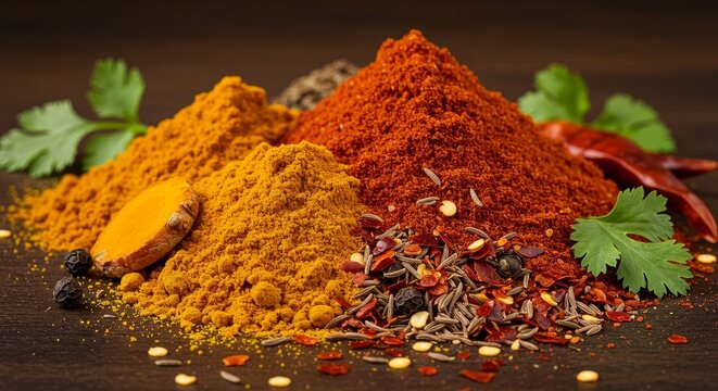 Aromatic Spice Blend Culinary Ingredients - Vibrant turmeric, paprika, and cumin powders create a flavorful culinary experience, symbolizing warmth, health, adventure, and deliciousness.