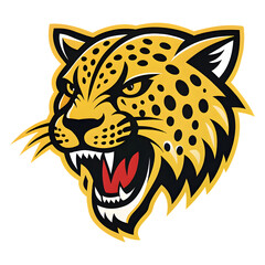 Aggressive jaguar head logo with open mouth and sharp teeth isolated on transparent background