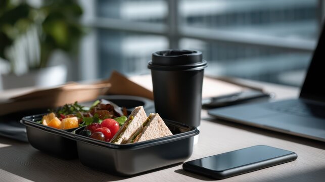 Healthy office lunch setup with sandwich, cherry tomatoes, fruit, and greens in a black container beside a takeaway coffee cup, smartphone, and laptop on a modern desk with large windows