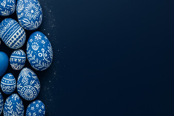 A collection of blue easter eggs with intricate white patterns on a dark background