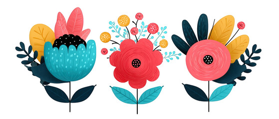 Vibrant floral arrangement featuring colorful flowers and leaves against a white background
