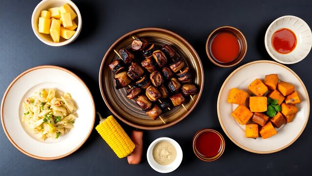 Grilled skewers and side dishes: culinary still life - Powered by Adobe