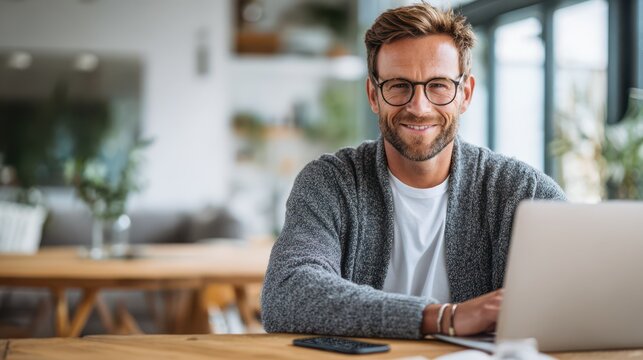 Confident young man with glasses working remotely on a laptop in a bright, modern home office, wearing a casual sweater and smiling, surrounded by natural light and minimalist decor