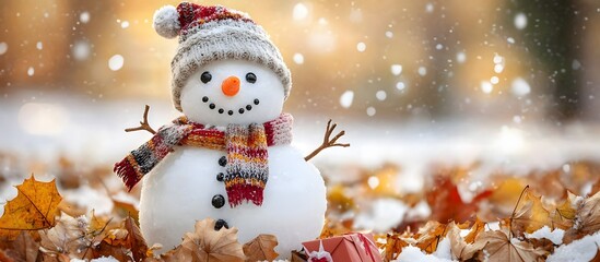 Christmas greeting card with a copy space image showing a Christmas snowman with a gift box under snowflakes