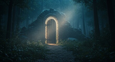 Fototapeta premium Enigmatic Forest Gateway - A mystical stone archway with a glowing wooden door stands in a dark, foggy forest. A path leads towards it