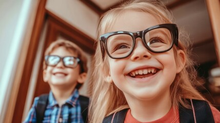 Obraz premium Happy kids, glasses, school, doorway, backpacks, outdoor, portrait, education, cheerful, fun