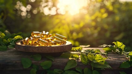Golden capsules in a wooden bowl, surrounded by lush greenery, bathed in sunlight - Powered by Adobe