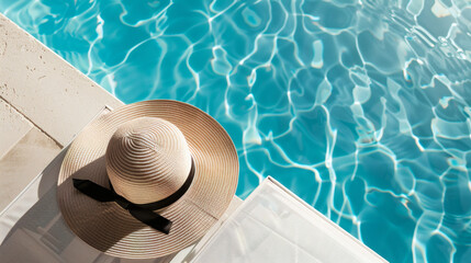 A woman's straw hat lying on a sun lounger by the pool	A simple, elegant still life of a wide-brimmed straw hat left on a comfortable sun lounger next to a calm, blue swimming pool.
