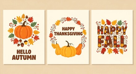 Autumn Fall Greetings: Printable Cards, September, October, Thanksgiving, Pumpkin, Leaves, Wreath Designs