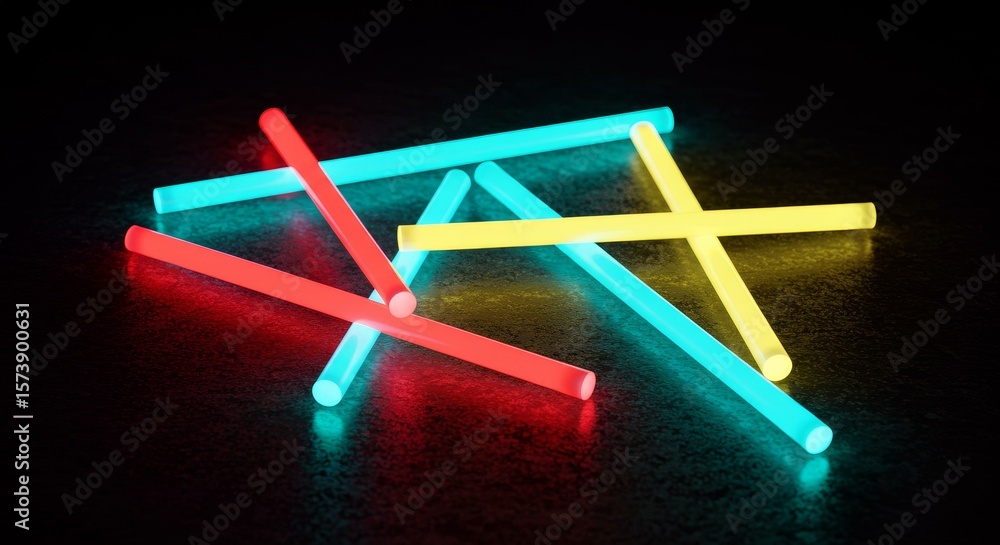 Poster glowing neon sticks on dark surface - colorful neon sticks scattered on a dark reflective surface, c