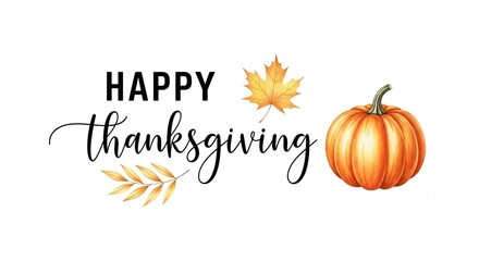 Thanksgiving Watercolor Pumpkin Design: Autumn Harvest, Fall Leaves, Wheat, Happy Thanksgiving Greeting