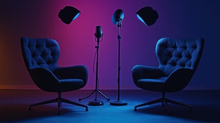 Podcast studio setup, neon lights, two chairs, microphone, interview